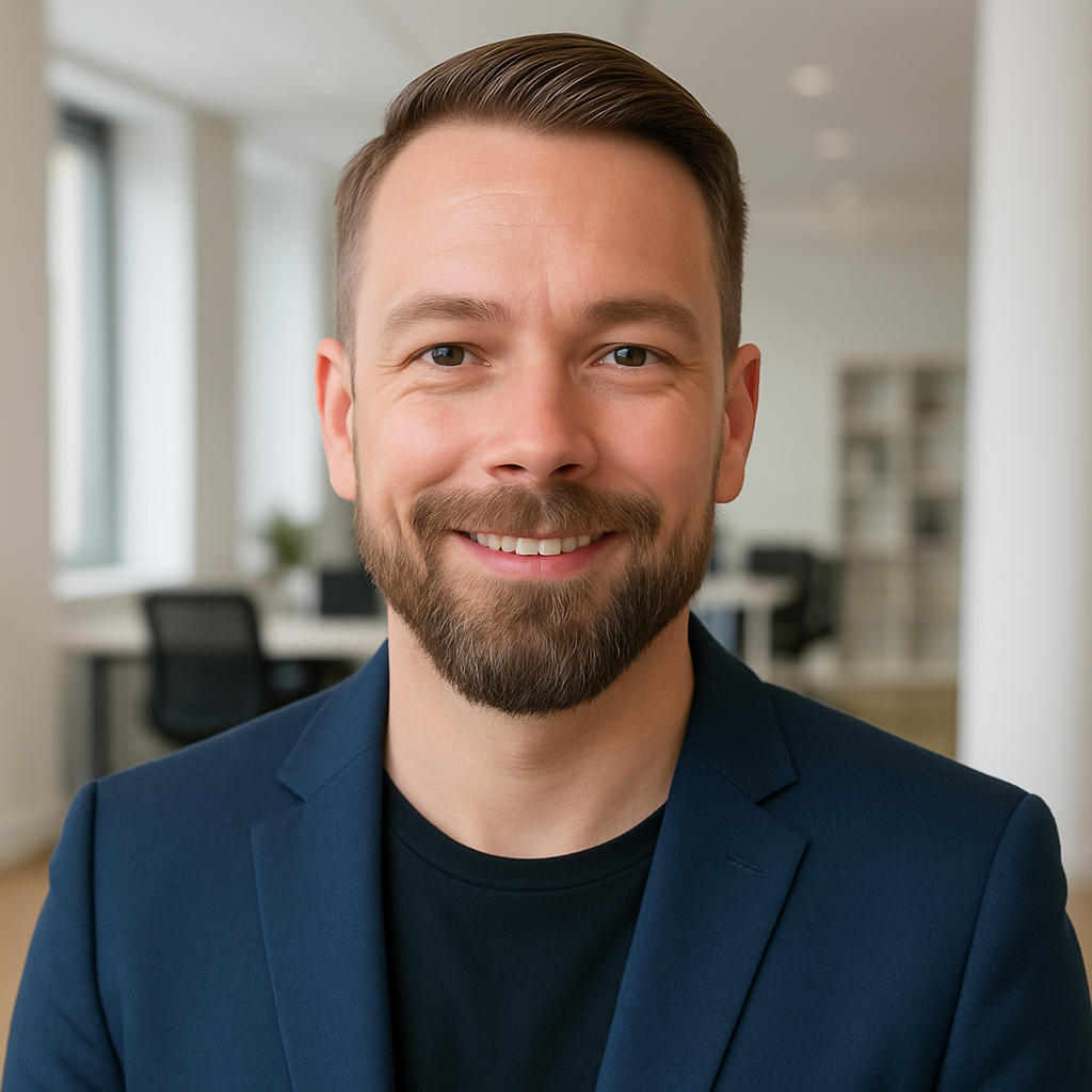 Ein Mann mit kurzen braunen Haaren und gestutztem Bart, der einen marineblauen Blazer über einem schwarzen Hemd trägt, lächelt in die Kamera in einer modernen Büroumgebung mit großen Fenstern und Regalen im Hintergrund.