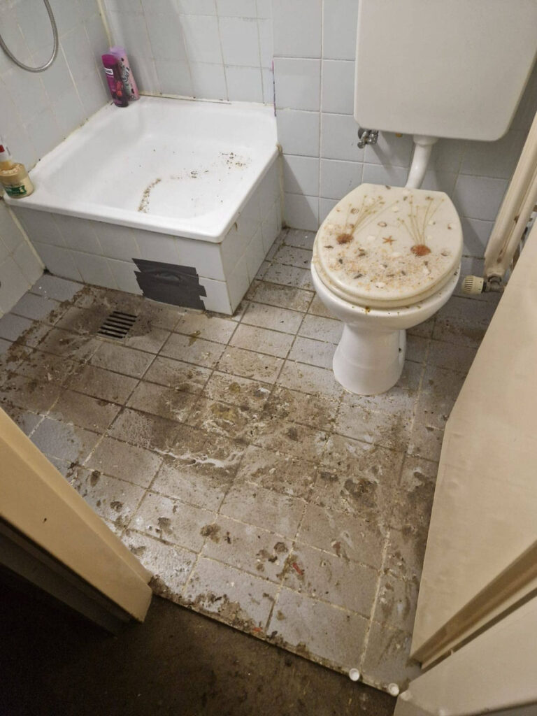 Ein schmutziges badezimmer mit einer verschmutzten toilette, einem schmutzigen boden und einer badewanne. der boden und der toilettensitz weisen sichtbaren schmutz und ablagerungen auf, und die fliesen sehen alt und schlecht gepflegt aus. reinigungsmittel liegen auf dem badewannenrand.