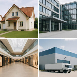 Eine Collage aus vier Bildern: ein Vorstadthaus, ein modernes Bürogebäude, ein Einkaufszentrum mit Glasdach und ein Lagerhaus, vor dem ein weißer Lieferwagen parkt.