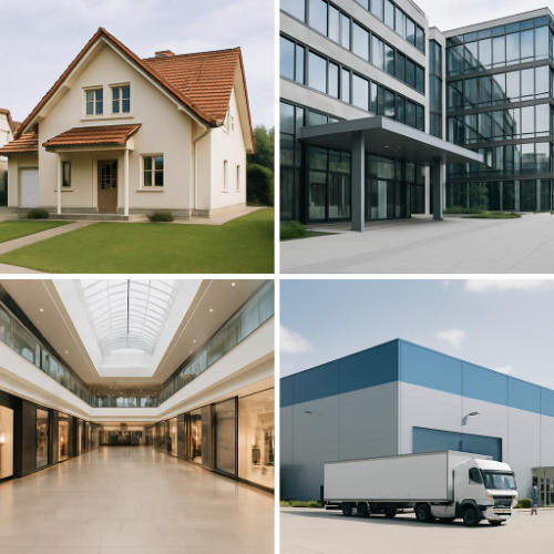 Eine Collage aus vier Bildern: ein Vorstadthaus, ein modernes Bürogebäude, ein Einkaufszentrum mit Glasdach und ein Lagerhaus, vor dem ein weißer Lieferwagen parkt.